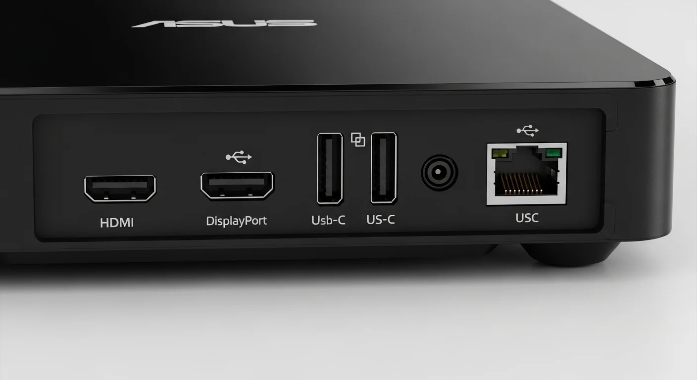 Un primer plano de los puertos traseros de un Asus Mini PC PN62, mostrando las diversas opciones de conectividad como HDMI, DisplayPort, USB-C y Ethernet.