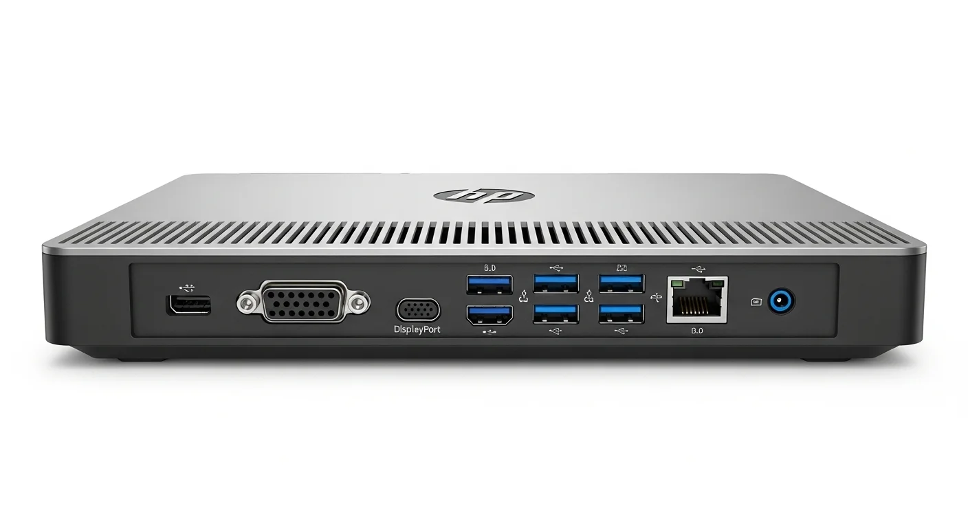 Vista trasera de una computadora HP G2 Mini mostrando la variedad de puertos de conectividad, incluyendo USB 3.0, DisplayPort y Ethernet.