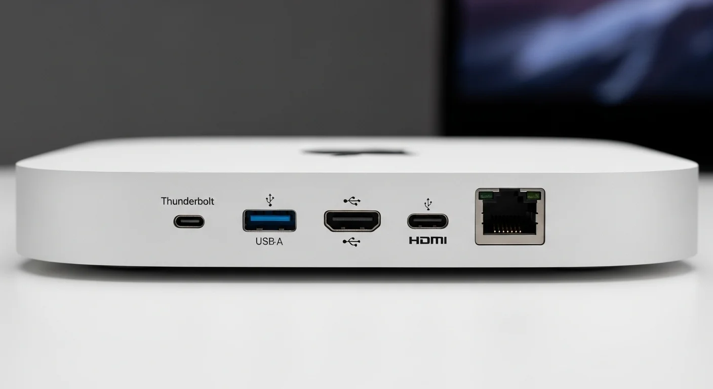 Panel trasero de una computadora Mac Mini M1 mostrando los puertos Thunderbolt, USB-A, HDMI y Ethernet, destacando su conectividad.