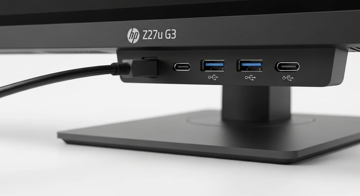 Primer plano de los puertos de un monitor HP Z27u G3, destacando la conexión USB-C que permite video, datos y carga de energía para una estación de trabajo de computadora limpia y eficiente.