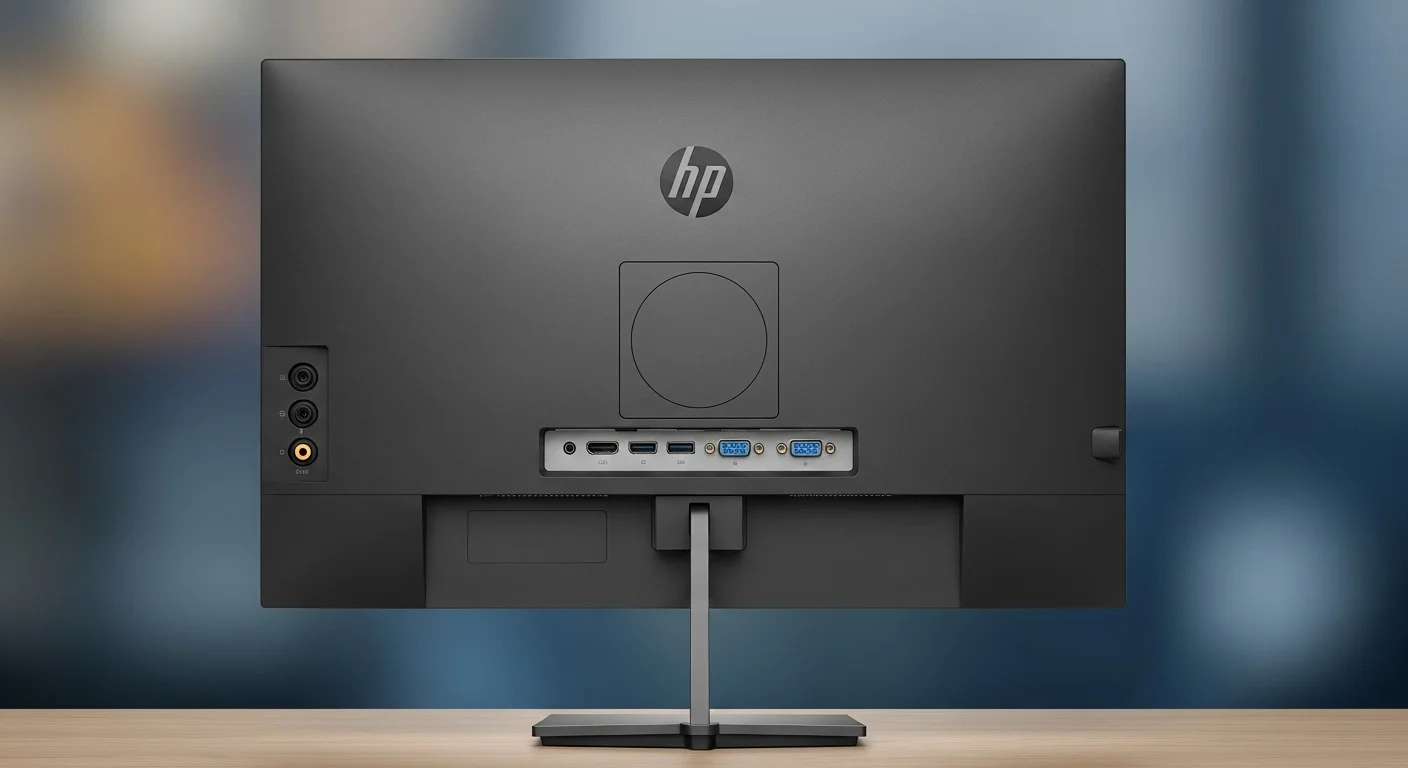 Vista trasera del monitor HP P24h G4 mostrando los puertos de conectividad HDMI, DisplayPort y VGA, destacando su versatilidad para diferentes computadoras.