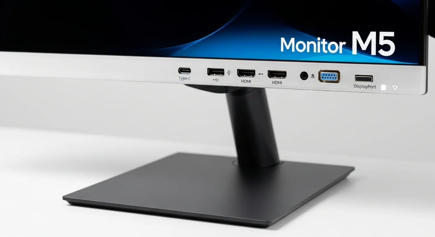 Vista detallada de los puertos de conectividad del Samsung Monitor M5, esencial para la configuración de computadoras.