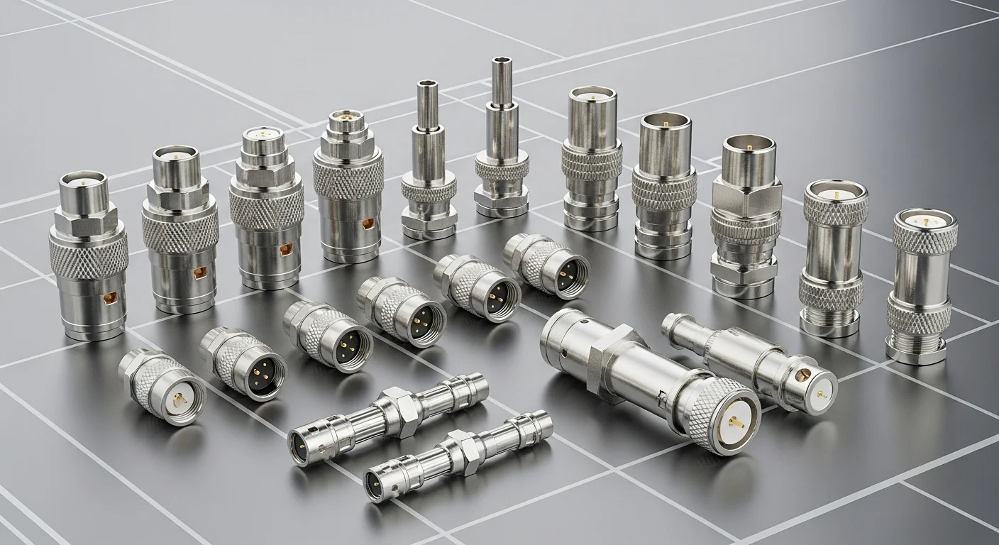 Colección de diferentes tipos de conectores coaxiales, incluyendo F-Type, BNC y SMA, dispuestos sobre una superficie de trabajo técnica, mostrando la diversidad para aplicaciones en computadoras y telecomunicaciones.
