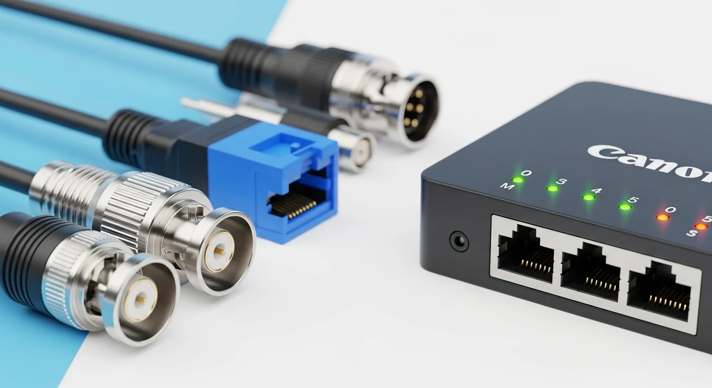 Primer plano de varios conectores para cámaras de seguridad, como BNC y RJ45, junto a un modem para cámaras de seguridad con luces parpadeando.