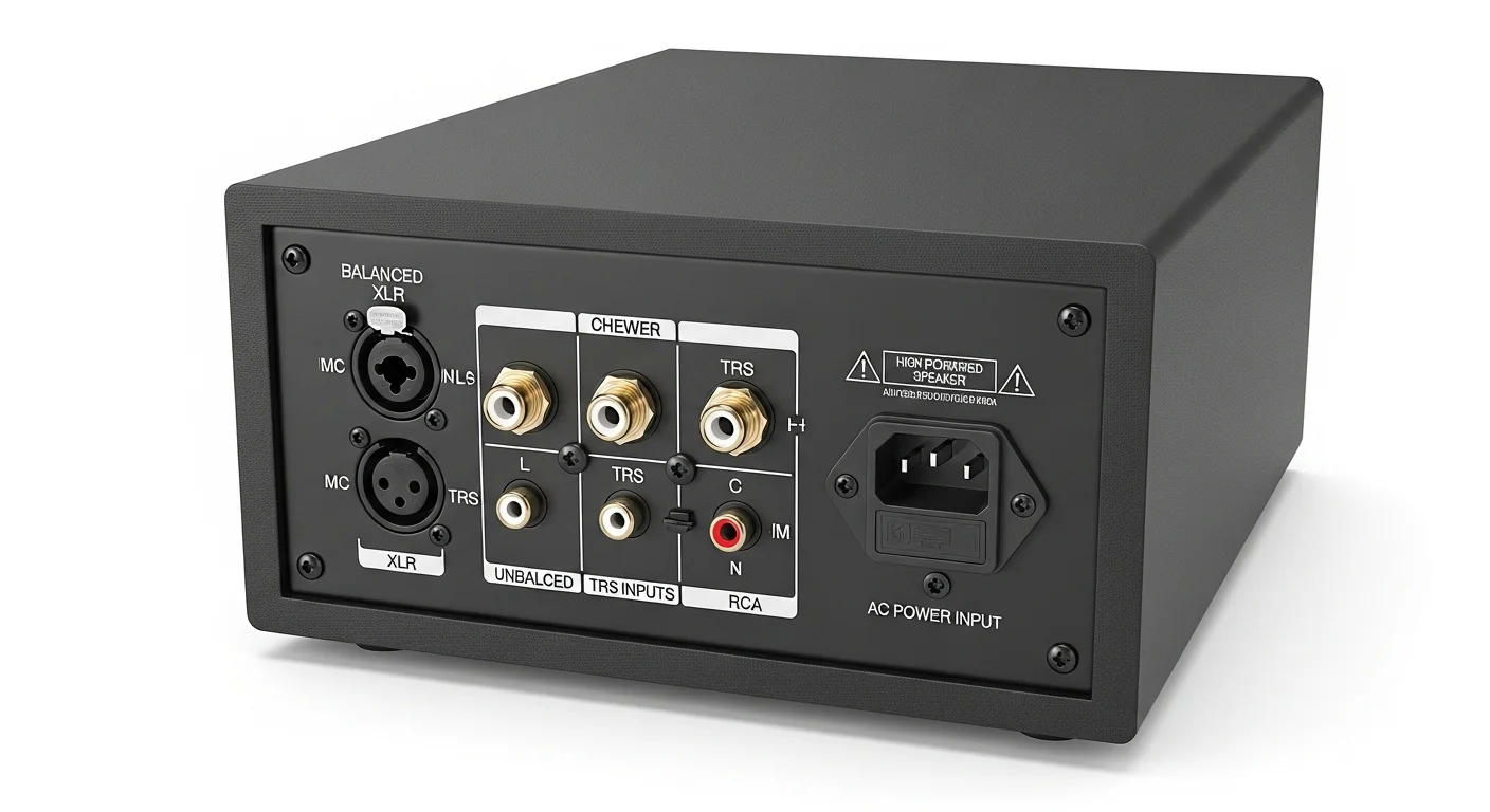 Panel trasero de una bocina amplificada mostrando diversas entradas de audio como XLR, TRS y RCA, junto a la conexión de corriente.