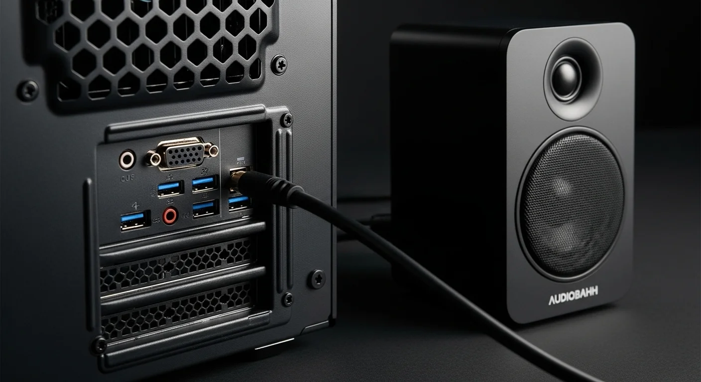 Primer plano de los puertos de audio en la parte trasera de una computadora, con un cable de audio conectado y dirigiéndose hacia una bocina Audiobahn.