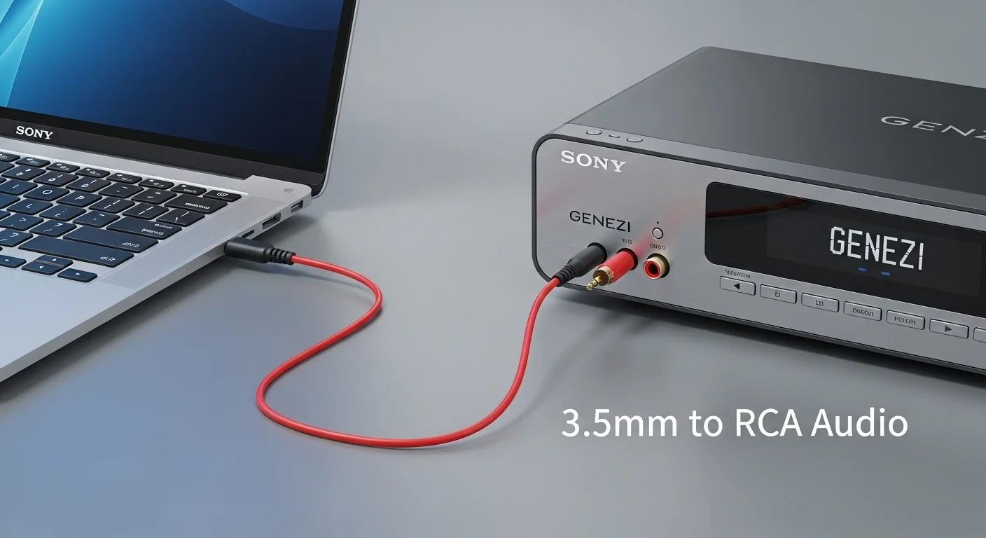 Imagen en primer plano mostrando un cable de audio de 3.5mm a RCA conectando la salida de una laptop a la entrada auxiliar de un estéreo Sony Genezi.