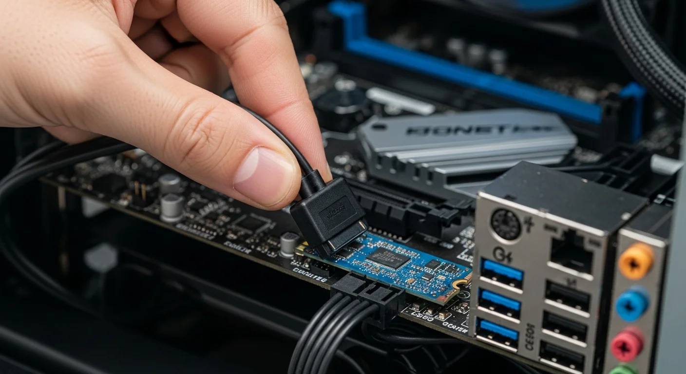 Primer plano de una mano conectando un cable sata para disco duro a un SSD dentro de una computadora de escritorio, mostrando los puertos de la placa base al fondo.