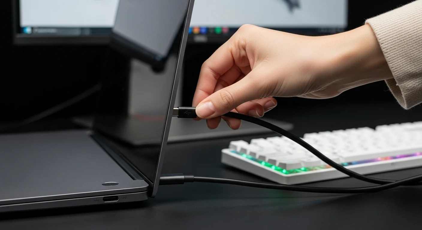 Primer plano de una mano conectando un cable USB-C a una laptop delgada, con un monitor y un teclado en el fondo, demostrando un setup de trabajo limpio y moderno.