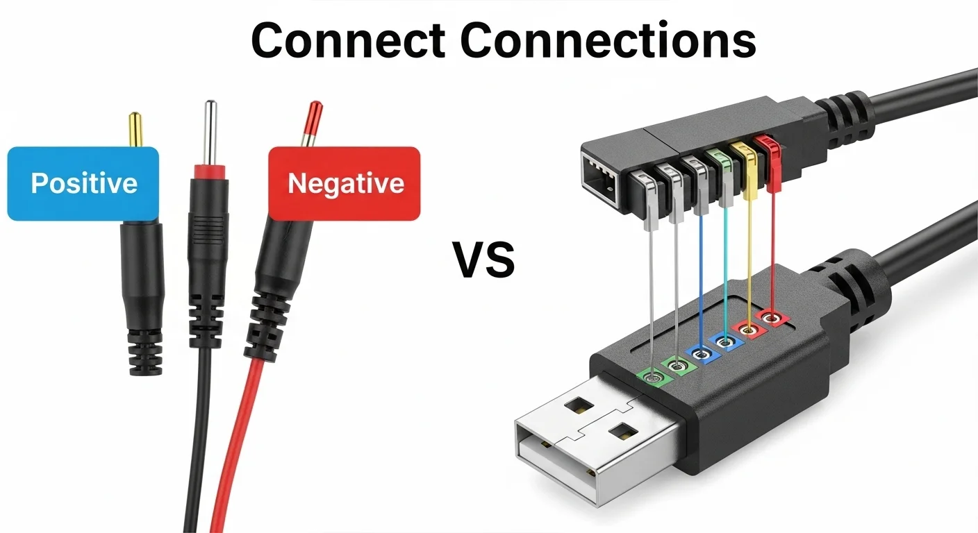 Imagen comparativa mostrando la correcta conexión de los cables de bocina positivo y negativo, y un diagrama del pinout de un cable USB.