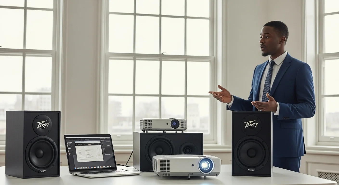 Presentación corporativa en una oficina moderna utilizando una laptop, proyector y bocinas Peavey de 12 pulgadas para un sonido claro