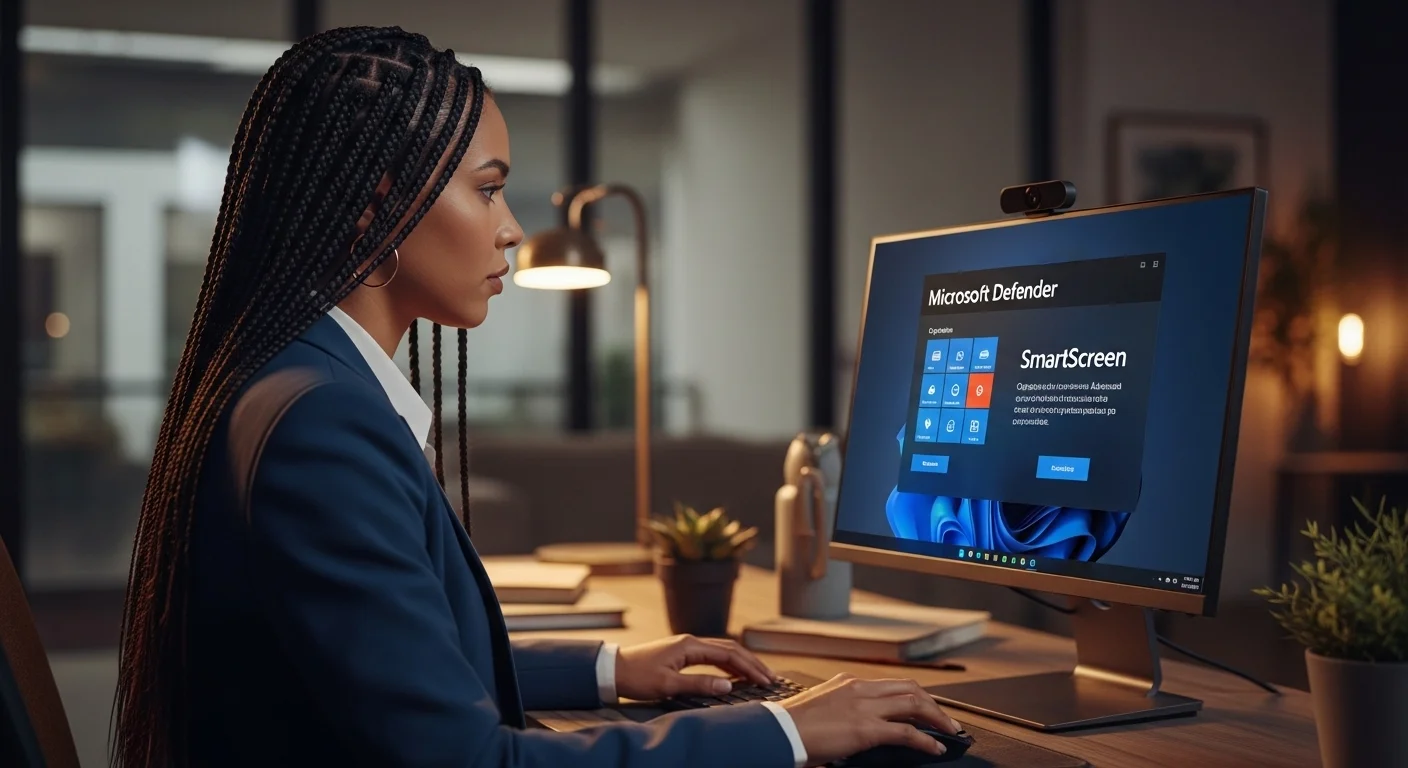 Un usuario configurando las opciones avanzadas de Microsoft Defender SmartScreen en una computadora de oficina, optimizando la seguridad del equipo.
