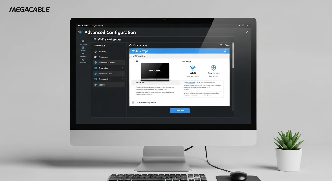 Pantalla de una computadora mostrando la interfaz de configuración avanzada de un modem Megacable, ajustando parámetros de Wi-Fi y seguridad.