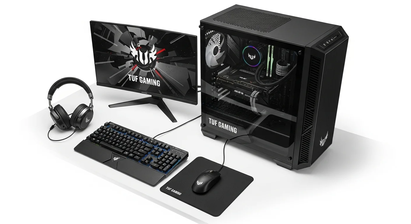 Escritorio de oficina con una configuración completa de computadoras y accesorios Asus TUF Gaming, incluyendo teclado, ratón y auriculares.