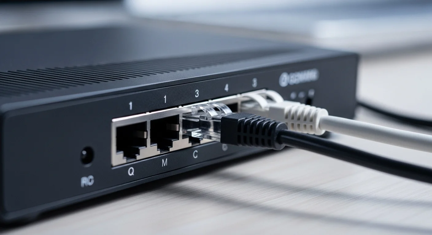 Primer plano de los puertos Ethernet de un modem de internet con cables de red conectados, representando la configuración y optimización de una red local para computadoras.