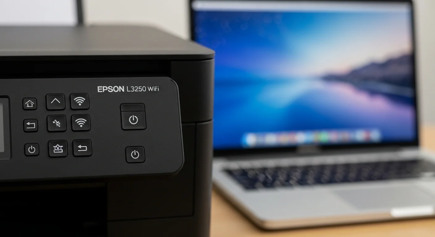 Primer plano del panel de control de una impresora Epson L3250 Wifi, mostrando los iconos de conexión inalámbrica, con una computadora de fondo.