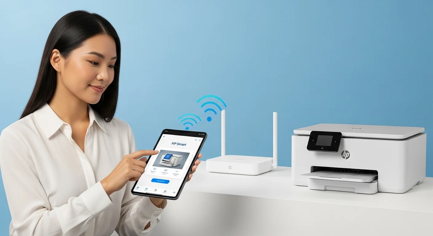 Una persona utilizando la aplicación HP Smart en una tablet para configurar una impresora wifi hp, con la impresora y el router visibles al fondo.
