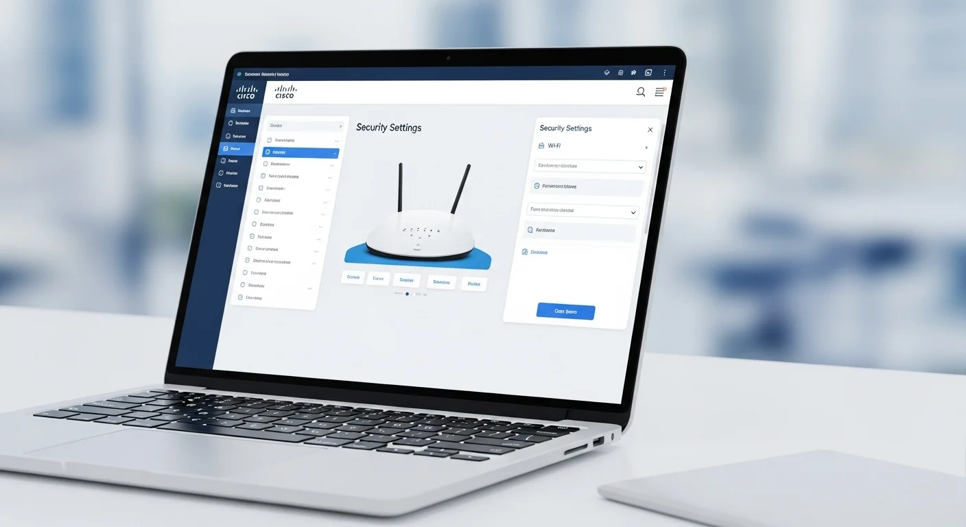 Primer plano de la pantalla de una laptop mostrando la interfaz de configuración de seguridad de un modem router Cisco para una red Wi-Fi.