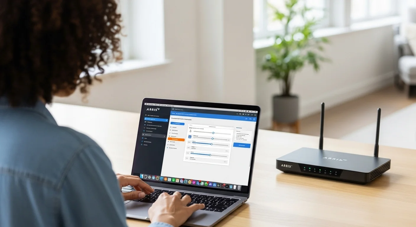 Una persona utilizando una laptop para acceder a la interfaz de configuración de un modem router Arris, optimizando su red Wi-Fi para sus computadoras.
