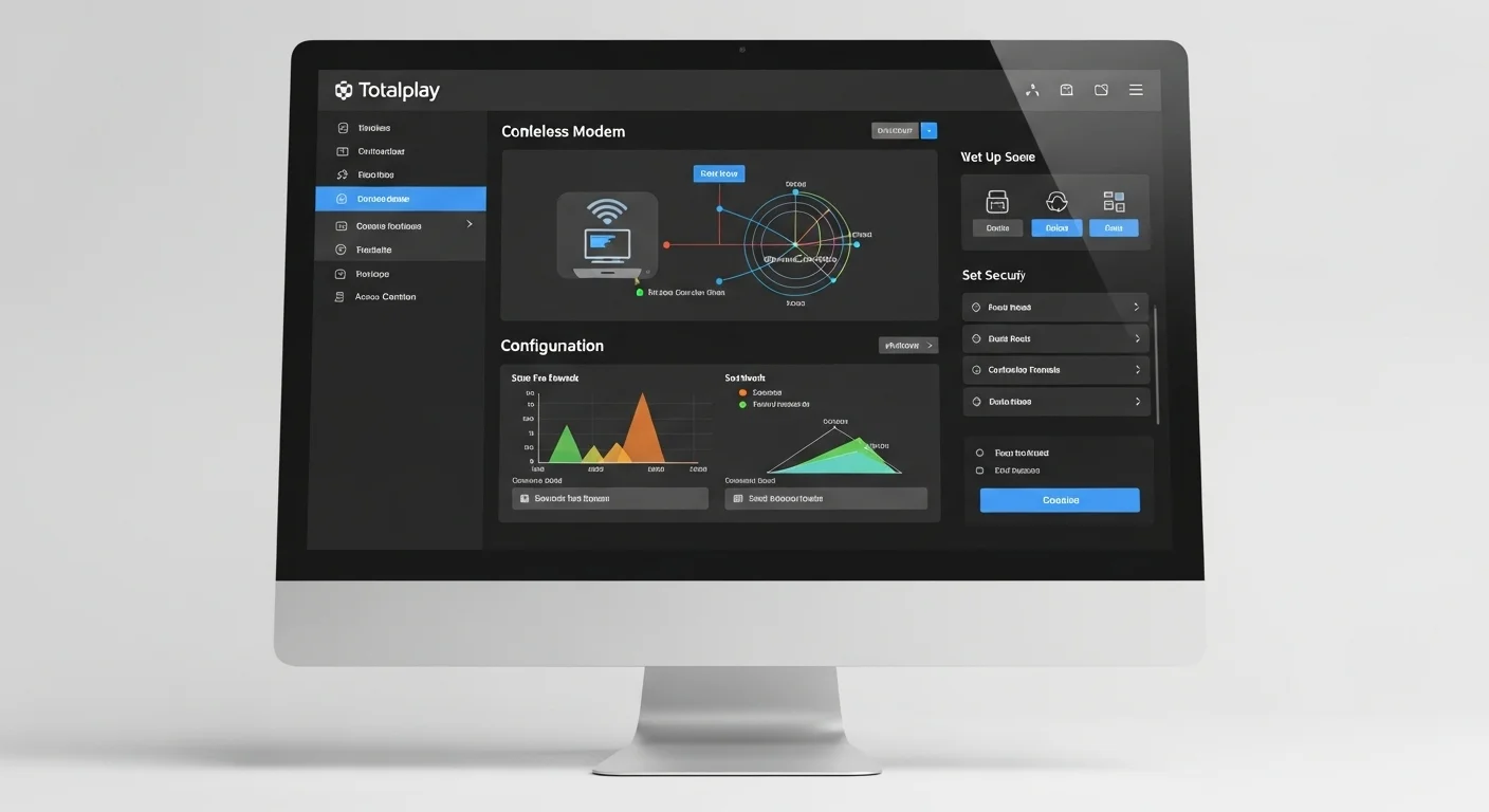 Pantalla de una computadora mostrando la interfaz de configuración del modem inalámbrico Totalplay, con gráficos de red y opciones de seguridad visibles, destacando la personalización y el control del usuario.