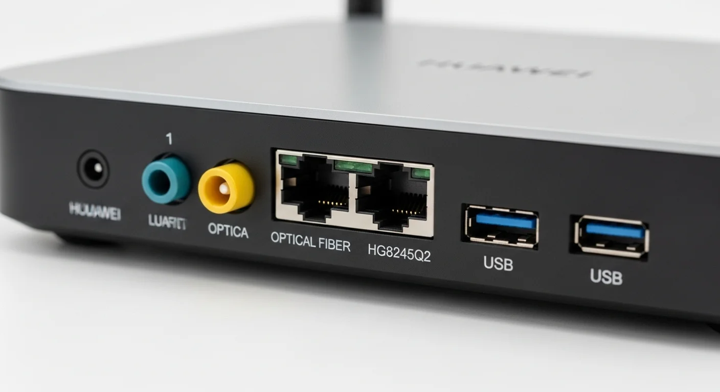 Primer plano de los puertos traseros de un router Huawei HG8245Q2, mostrando las conexiones Ethernet, fibra óptica y USB, destacando su versatilidad para computadoras y otros dispositivos.
