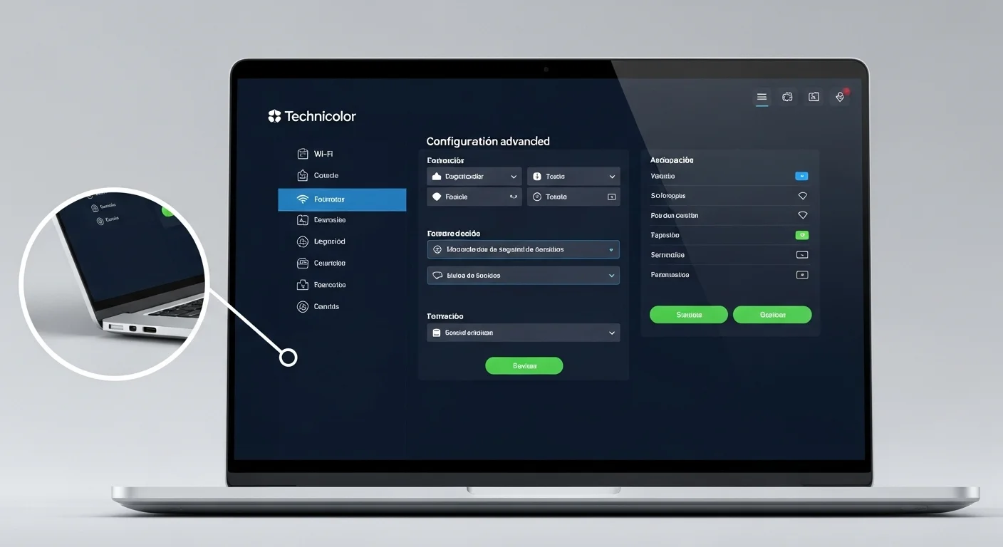 Interfaz de configuración de un router Technicolor en la pantalla de una computadora, mostrando opciones avanzadas de Wi-Fi y seguridad.