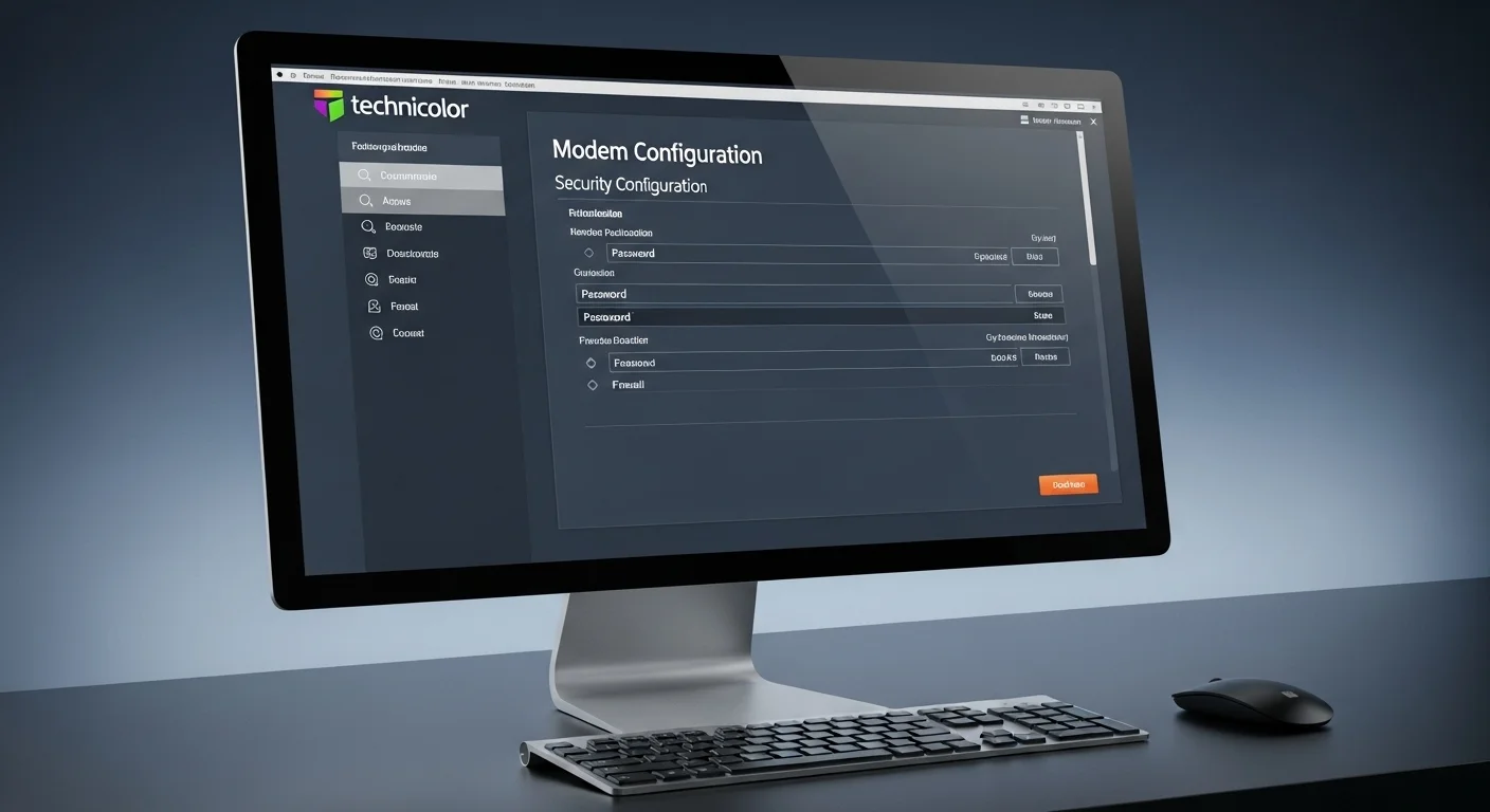 Pantalla de una computadora mostrando la interfaz de configuración de seguridad de un modem Technicolor, con énfasis en contraseñas y firewall.
