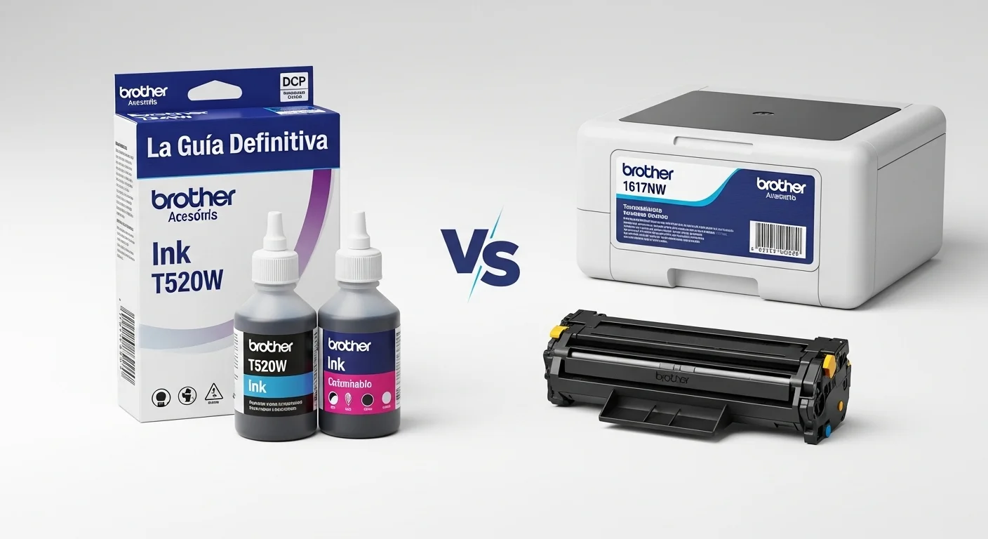 Comparativa de consumibles Brother: botellas de tinta para el modelo T520W y un cartucho de toner para el modelo 1617NW.