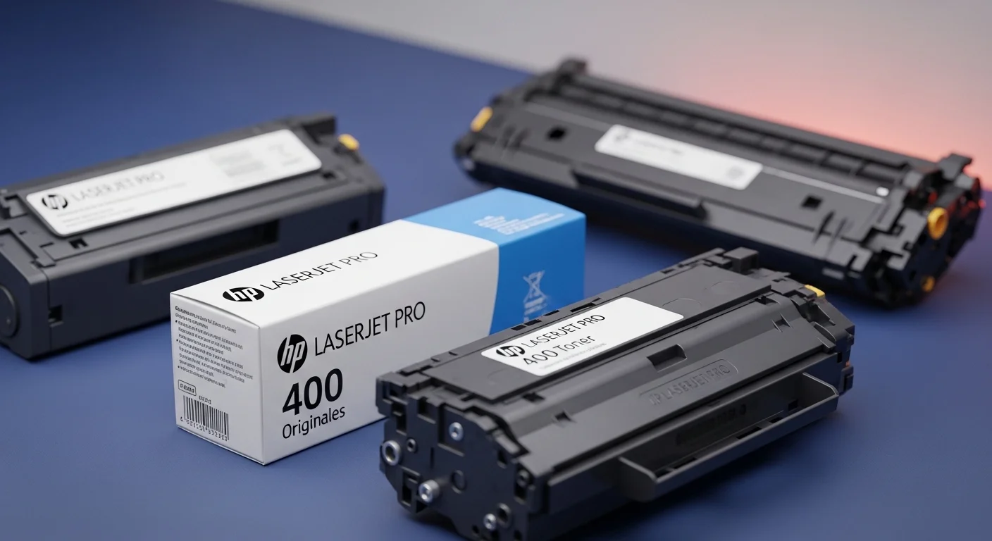 Primer plano de cartuchos de tóner originales HP LaserJet Pro, incluyendo el toner hp laserjet pro 400 y otros, destacando la importancia de los consumibles de calidad.