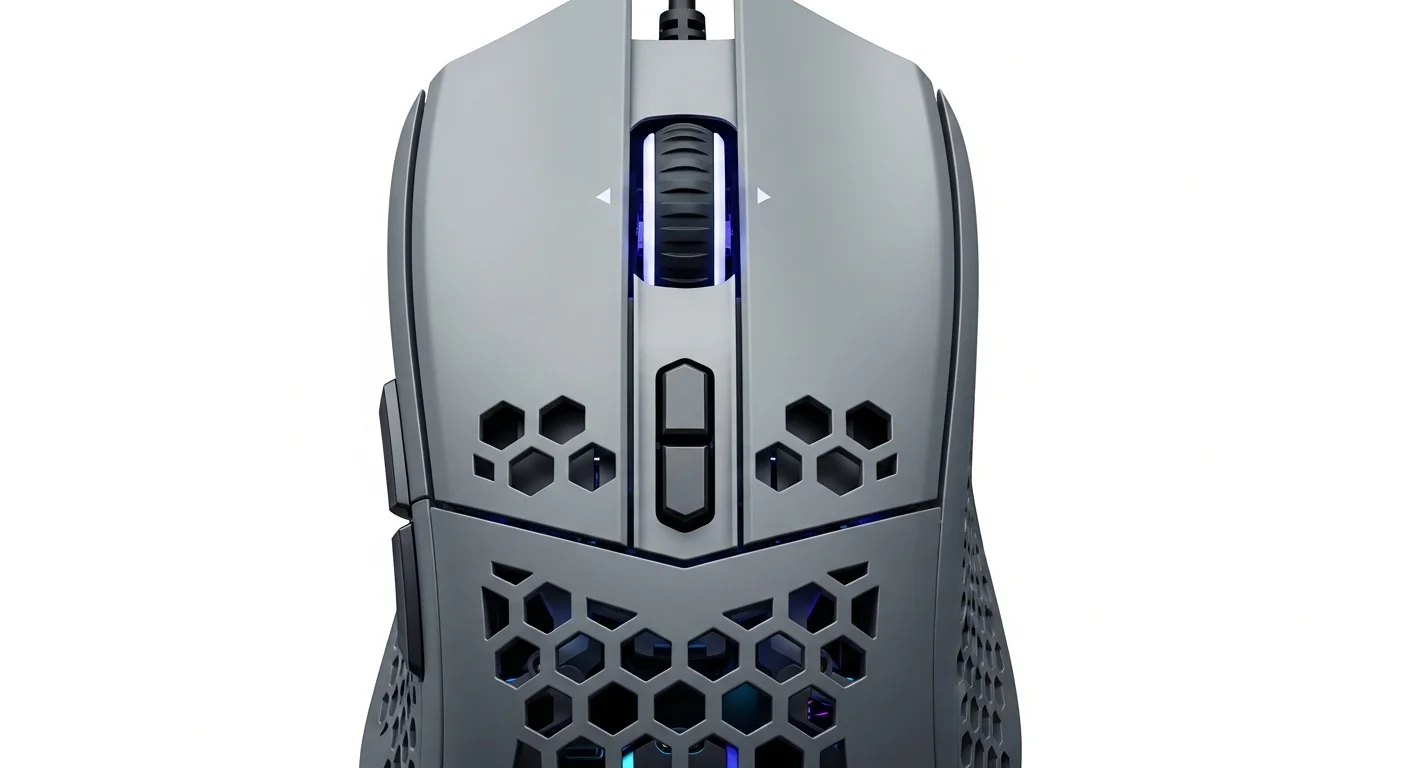 Vista superior detallada del Cooler Master MM710 mostrando su carcasa de panal, la rueda de scroll y los botones, destacando su diseño para computadoras.