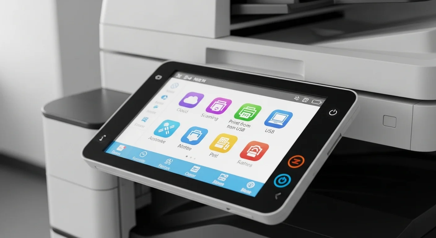 Primer plano del panel táctil de una copiadora multifuncional, mostrando iconos para escanear a la nube, imprimir desde USB y otras funciones avanzadas.