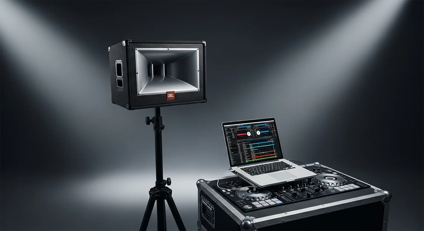 Corneta amplificada JBL de 15 pulgadas sobre un trípode lista para un evento, junto a una laptop en una consola de DJ.