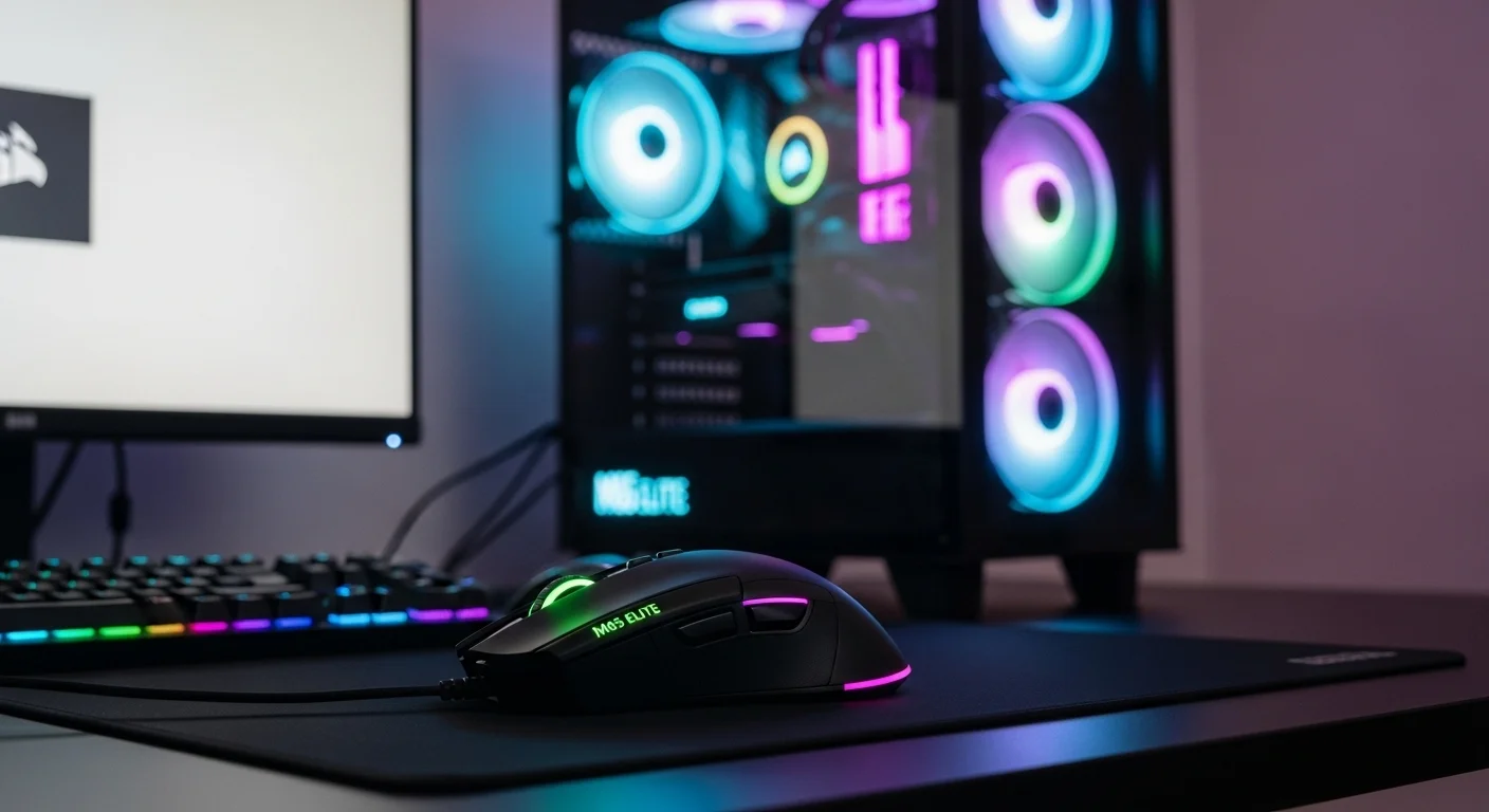Setup de computadoras para gaming con el mouse Corsair M65 Elite color negro como pieza central, iluminado con luces RGB.