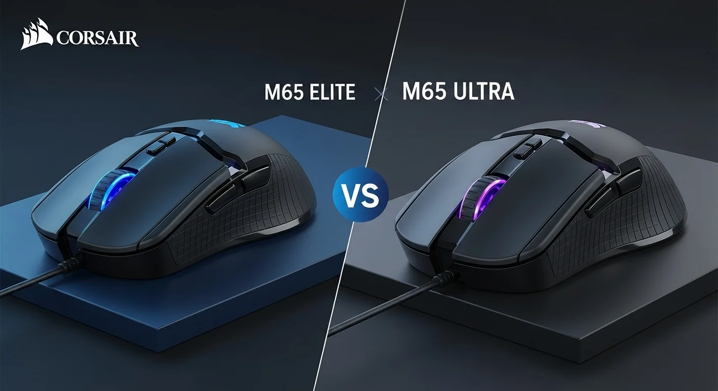 Comparativa entre los modelos Corsair M65 RGB Elite y Ultra, mostrando la evolución del diseño para computadoras de alto rendimiento