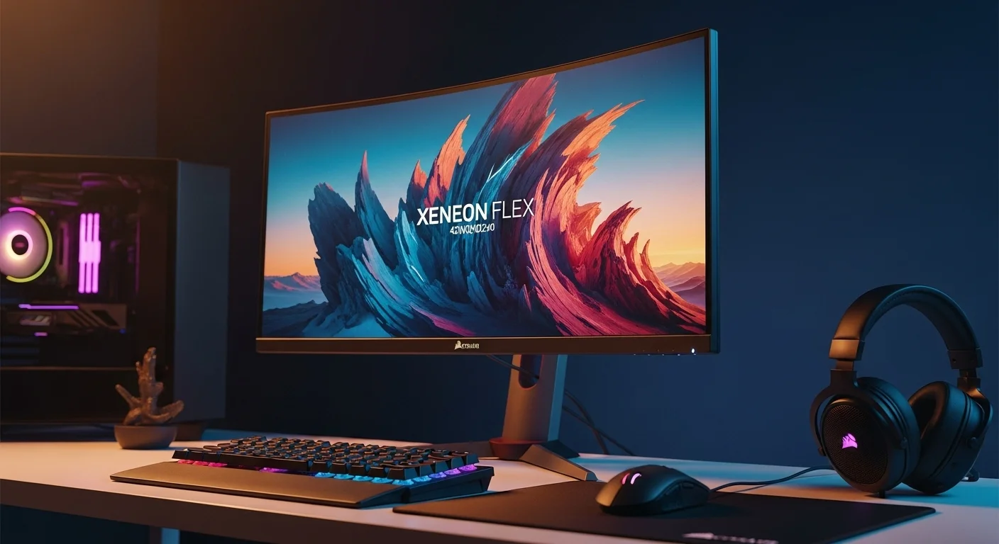 El monitor Corsair Xeneon Flex 45WQHD240 mostrando su capacidad de curvatura en un escritorio de alta tecnología