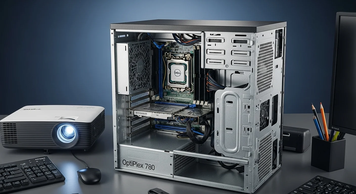 Imagen detallada del interior de un Dell OptiPlex 780, destacando el CPU Dell OptiPlex 780 y las ranuras de memoria, rodeado de accesorios de oficina como teclados y proyectores.