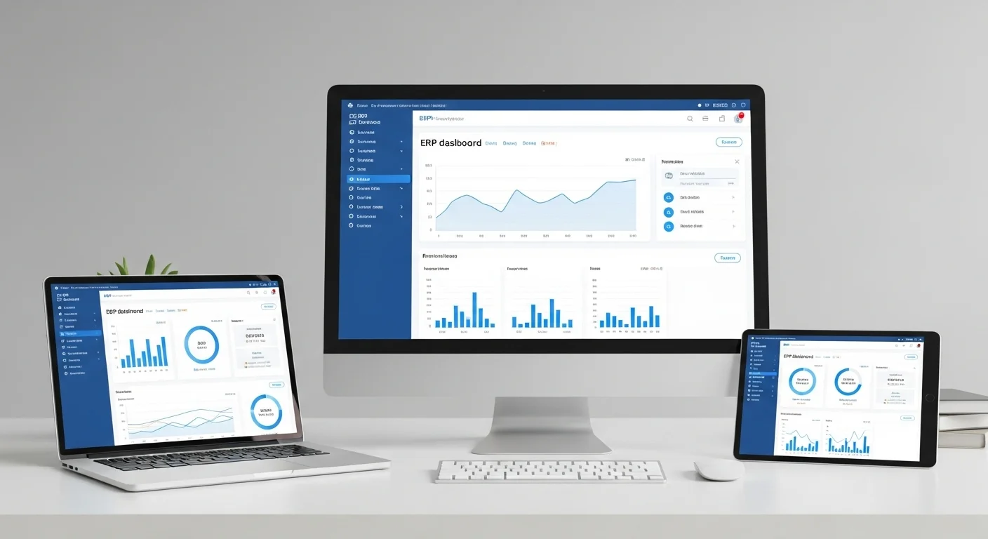 Un dashboard de ERP con gráficos y KPIs mostrado simultáneamente en una computadora de escritorio, una laptop y una tablet, ilustrando la accesibilidad y la inteligencia de negocio.