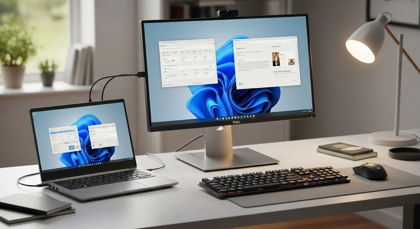 Un escritorio moderno con una laptop Dell 14 conectada a un monitor Dell Ultrasharp, un teclado y un ratón, mostrando un entorno de trabajo productivo. [25, 29]