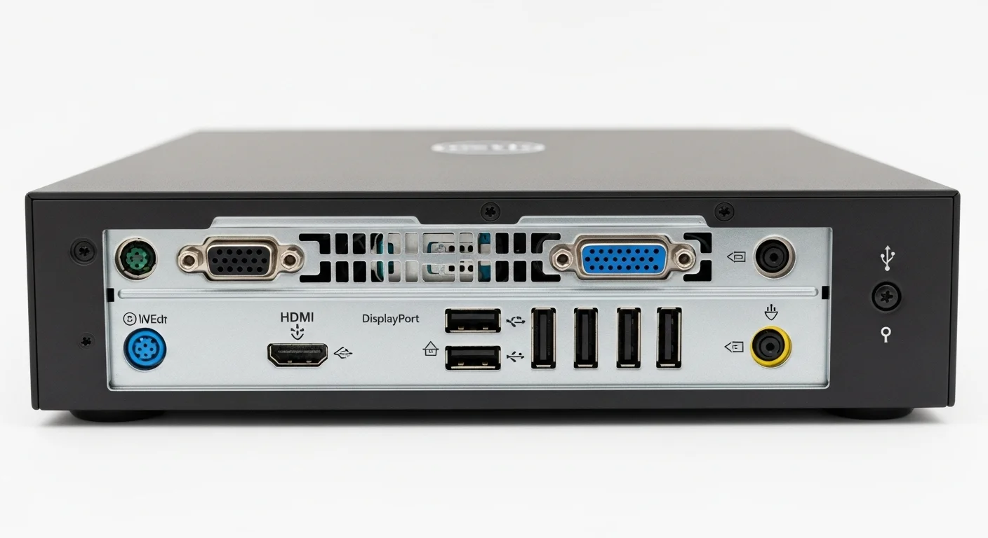 Panel trasero de una computadora Dell 3050 SFF mostrando la variedad de puertos de conectividad, incluyendo HDMI, DisplayPort y USB