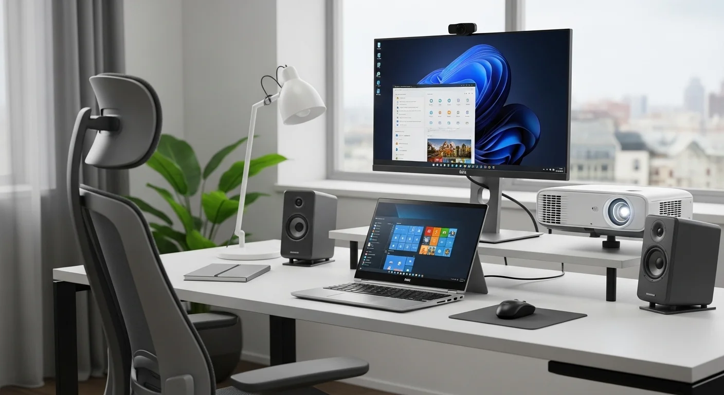 Un setup de oficina completo con una computadora Dell 5290 2 in 1 conectada a un monitor externo, proyector y bocinas, destacando su ecosistema.
