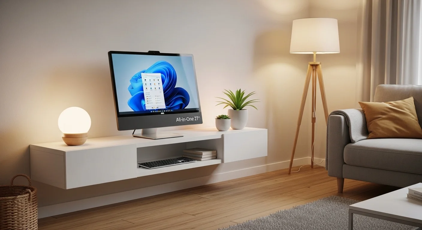 Sala de estar con un Dell All in One 27 sobre un mueble, demostrando la elegancia y el ahorro de espacio de las computadoras integradas.