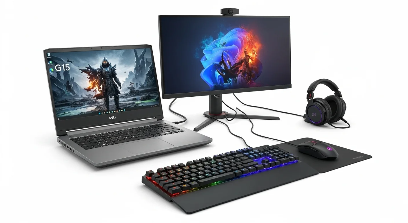 Un setup de tecnología con una laptop Dell G15 conectada a un monitor externo, un teclado mecánico y un ratón, mostrando un entorno de trabajo y juego ideal
