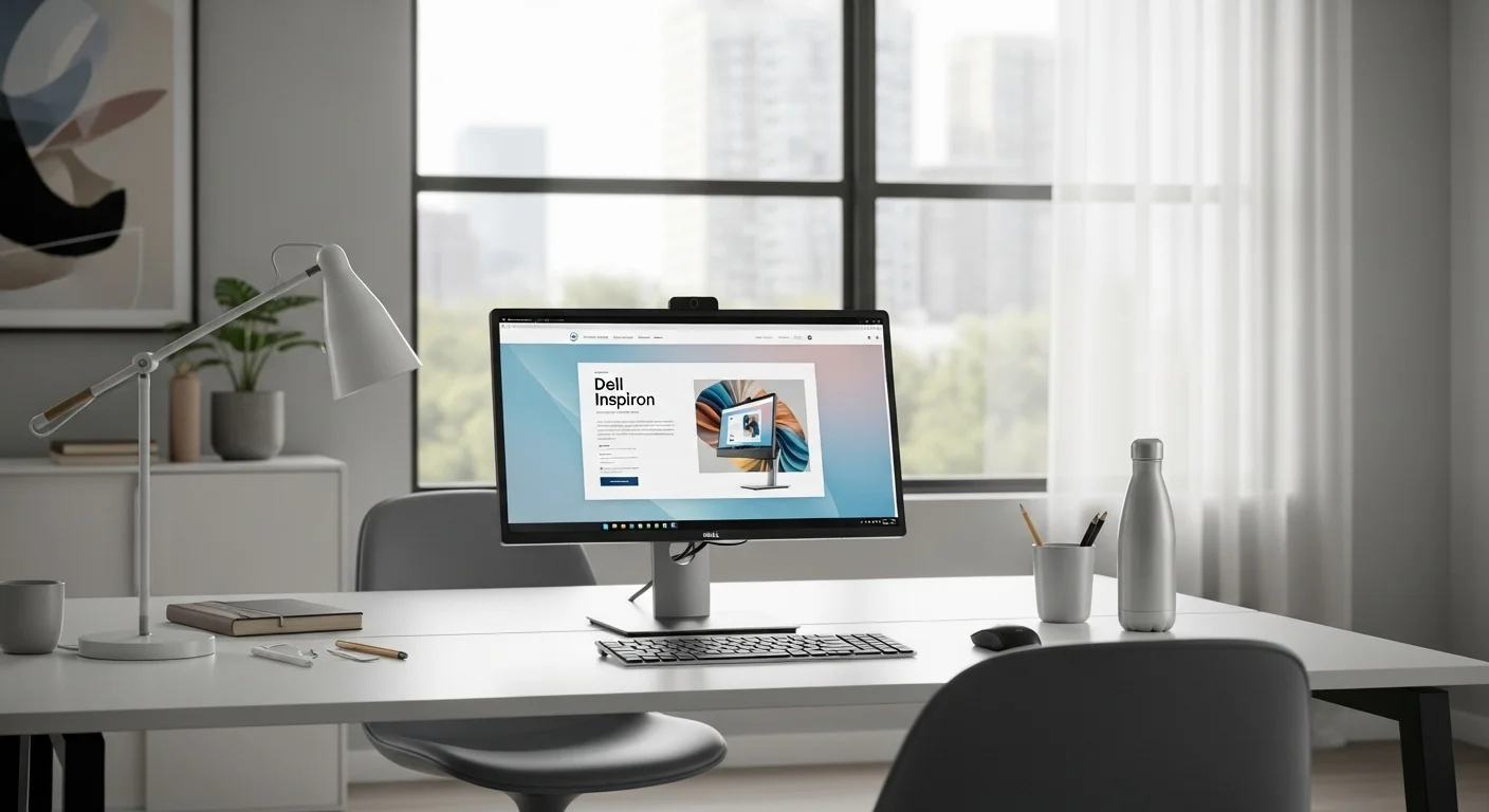 Un escritorio de oficina moderno con una computadora Dell Inspiron All-in-One, mostrando un espacio de trabajo limpio y tecnológico.