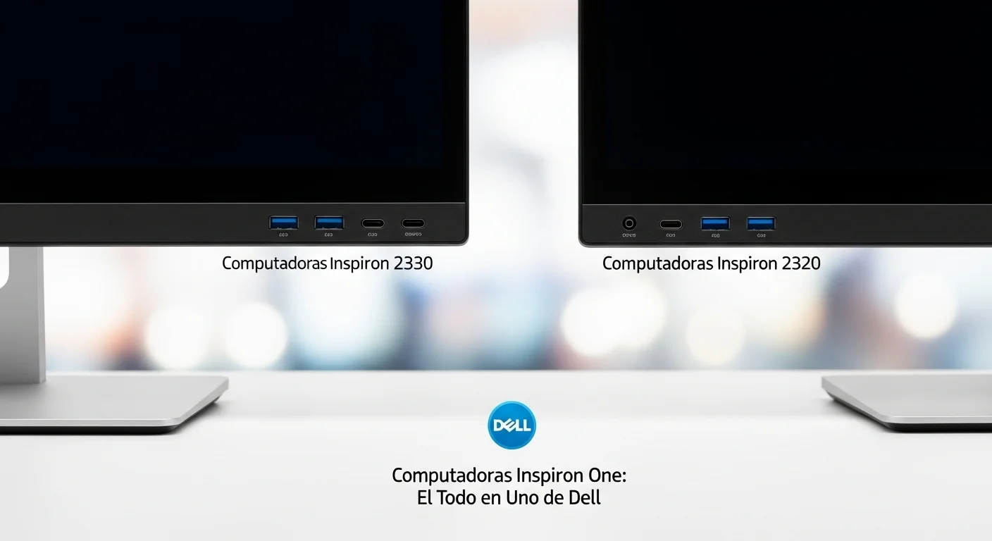Comparativa de las computadoras Dell Inspiron One 2330 y 2320, destacando sus puertos y diseño minimalista.