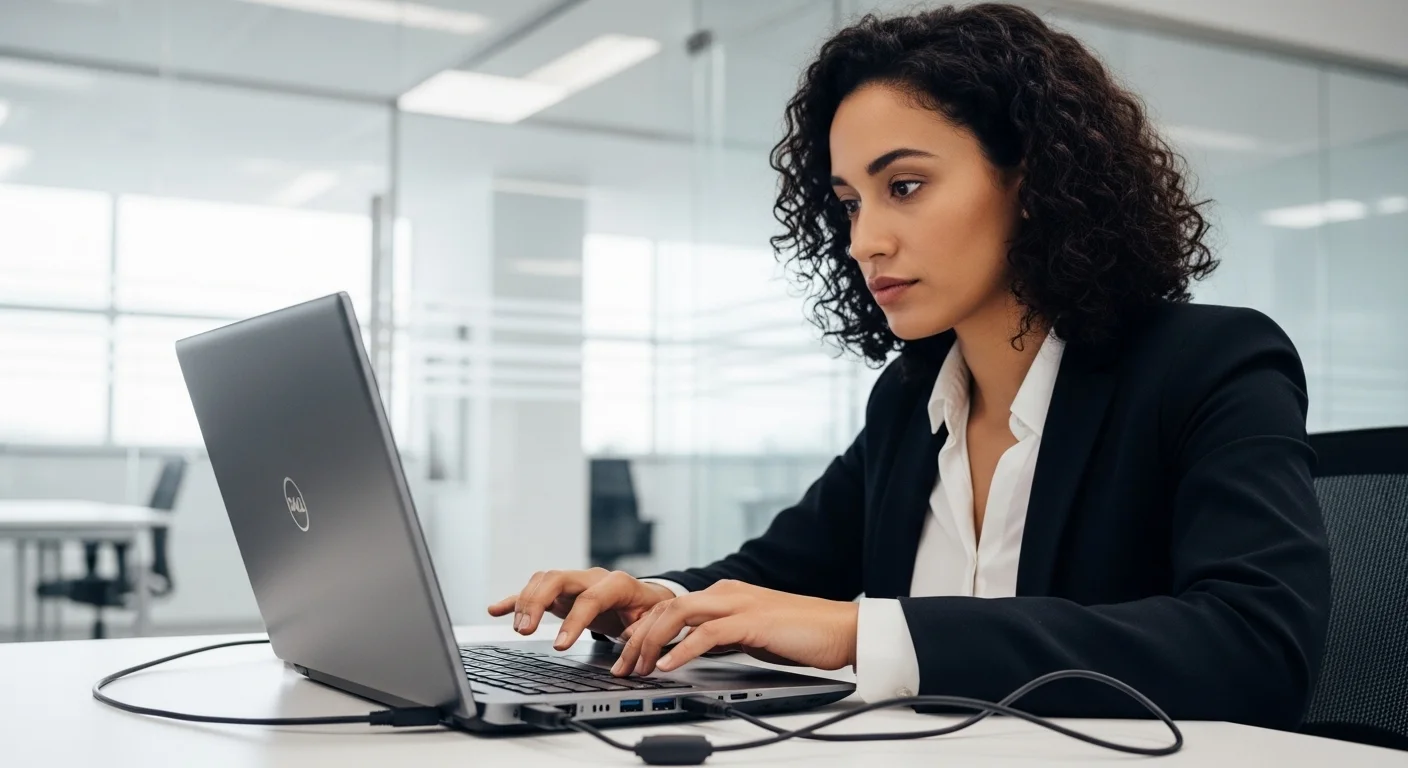 Un profesional trabajando en una laptop Dell Latitude 5480 i5 en un entorno de oficina moderno, destacando su teclado y conectividad