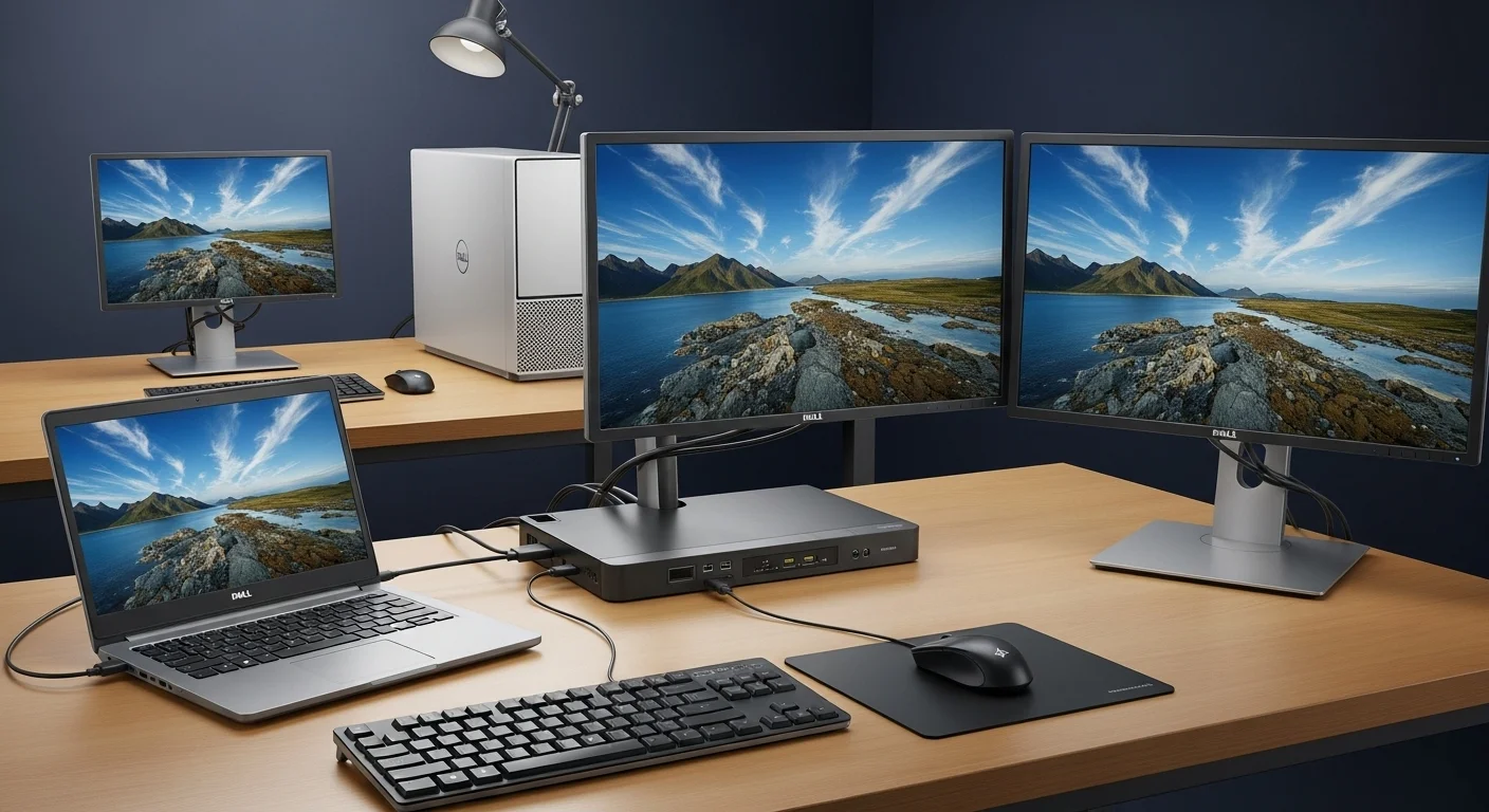 Un ecosistema de trabajo con una laptop Dell Latitude 7490 conectada a un dock, monitores externos, teclado y un Dell Optiplex 7490 AIO al fondo.