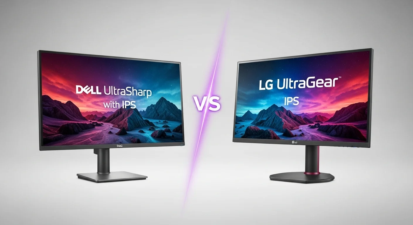 Comparativa de un monitor Dell UltraSharp y un LG UltraGear, ambos con tecnología IPS, mostrando la precisión de color y el rendimiento para gaming y oficina.