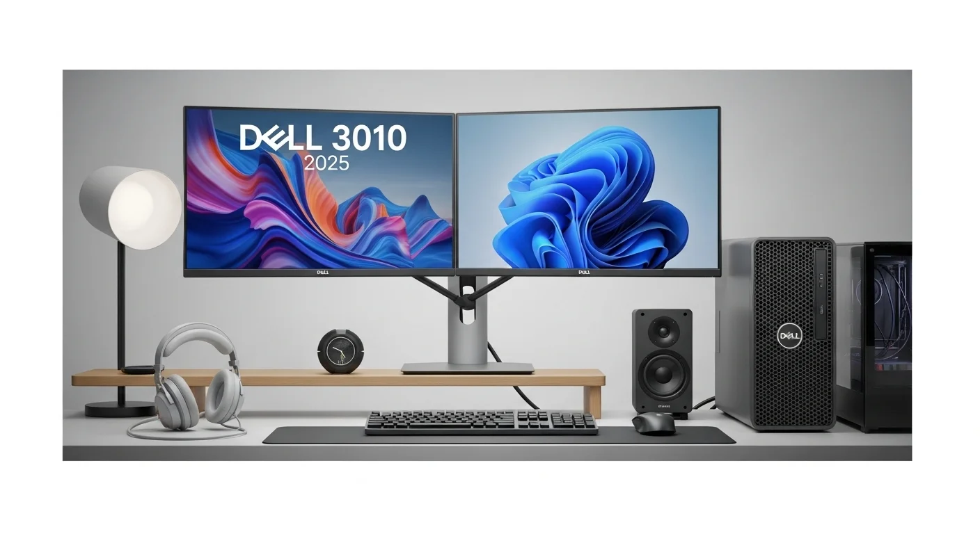 Un ecosistema de trabajo completo con una computadora Dell 3010, monitor dual, altavoces y accesorios de oficina.