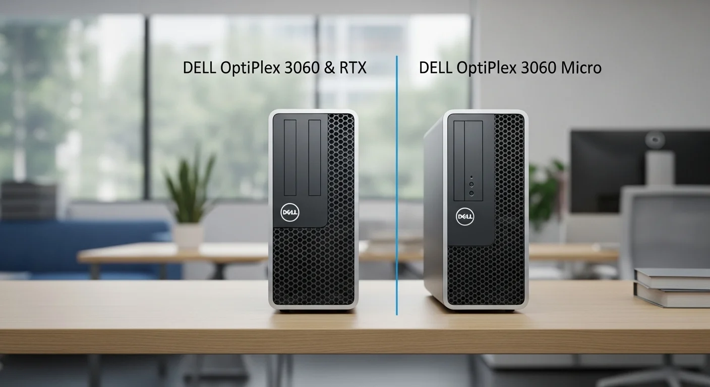 Comparativa de tamaño entre un Dell OptiPlex 3060 SFF y un Dell OptiPlex 3060 Micro sobre un escritorio de oficina moderno.