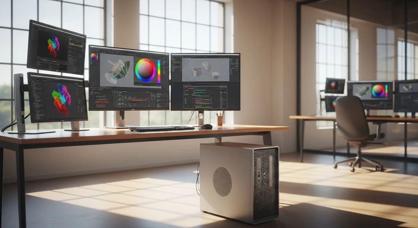Estación de trabajo Dell Precision 3450 SFF en un entorno de diseño gráfico con múltiples monitores